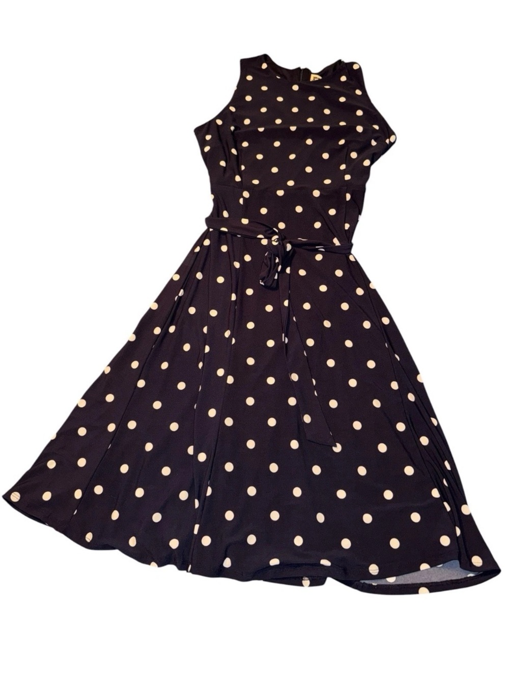 Belted No Wrinkle Travelers Dress 10 Sleeveless Navy + White Polka Dots - Picture 5 of 11